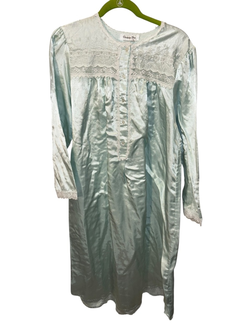 Christian Dior pale aqua sateen puff shoulder lace trim nightgown 2X - Picture 2 of 5
